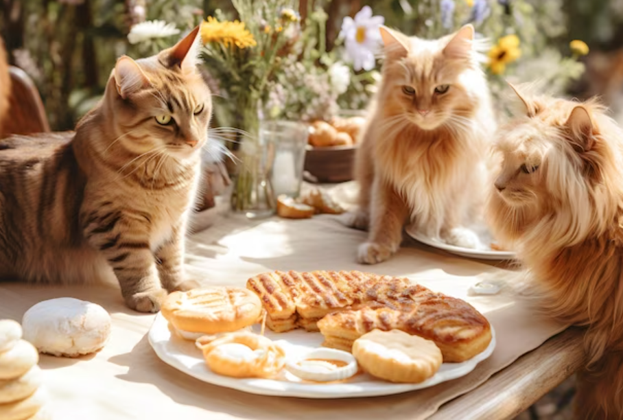 A cat looking curious at a table full of foods that it shouldn't eat, with a cross mark over the forbidden items.