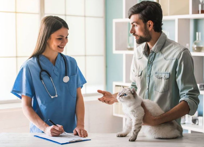 Image of a veterinarian discussing deworming options with a cat owner, conveying the importance ofseeking professional advice.